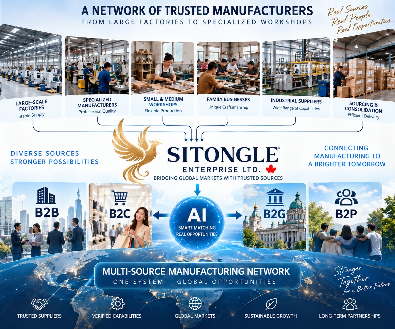 SITONGLE multi-source manufacturing network — B2B, B2C, AI matching, B2G and B2P